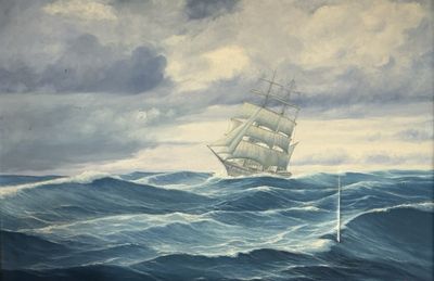 une peinture à l'huile représentant un navire au milieu d'une vaste étendue d'eau