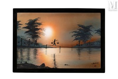 tableau représentant une personne sautant dans un lac au coucher du soleil