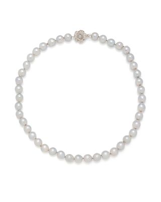 a white pearl necklace with a silver clasp on a white background