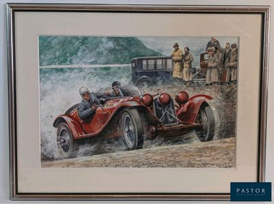 painting of a vintage race car being driven by two men