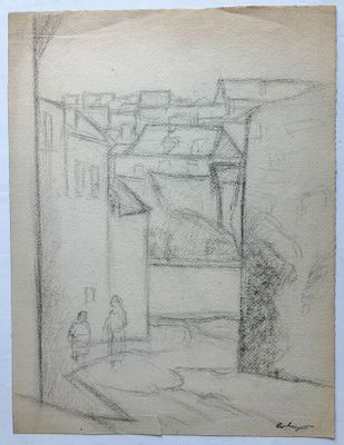 un dessin représentant une personne assise sur un banc devant un immeuble