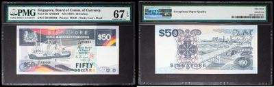 three different types of currency are on display in a display case