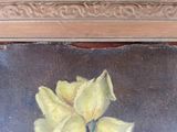 a painting of a yellow flower in a vase on a table