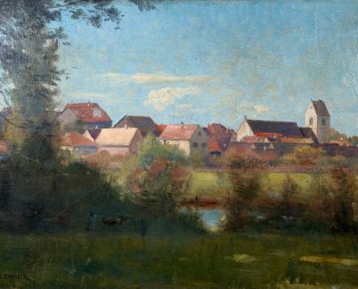 tableau représentant une vue d'un village avec une rivière au premier plan