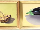 two paintings of bananas and an eggplant on a yellow background