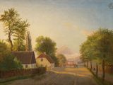 tableau représentant une route de campagne bordée de maisons et d'arbres de chaque côté