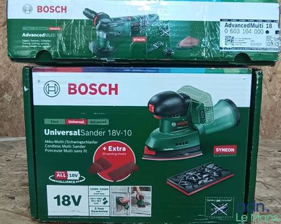 two boxes of bosch universal sander on a wooden surface
