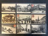 several old black and white photographs of people and vehicles on a city street