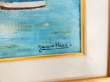 une peinture représentant un bateau flottant sur l'eau