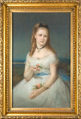tableau représentant une femme en robe blanche tenant une fleur