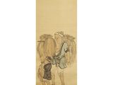 a painting of a man carrying a basket with a child on his back