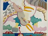 tableau représentant un oiseau volant dans le ciel, avec des nuages en arrière-plan