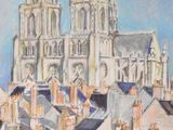 a painting of a large building with a clock on it