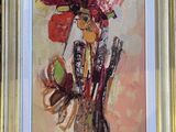 a painting of flowers in a vase on a table