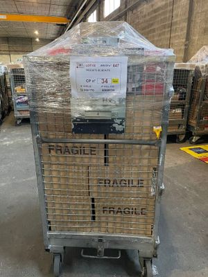 a cart that has a sign on it in a warehouse