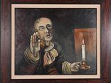 painting of an old man holding a lit candle in front of his face