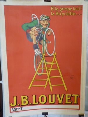 une affiche représentant un homme à vélo sur une échelle