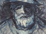 painting of a man with a hat and sunglasses on his head