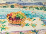 une peinture représentant une corbeille de fruits sur une table