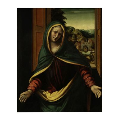 une image représentant un tableau d'une femme vêtue d'une cape verte