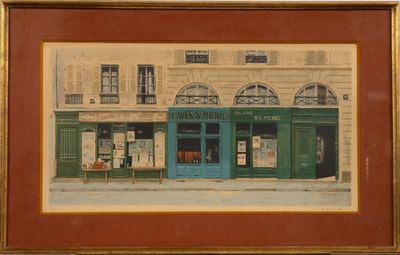 une image représentant une peinture d'un bâtiment devant lequel se trouve un banc