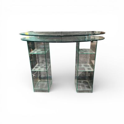 Console demi lune en verre trempé à deux plateaux superposés…