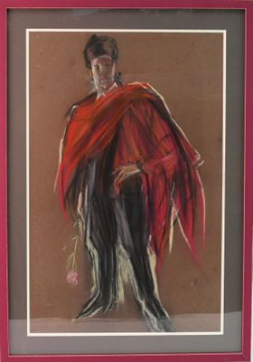 tableau représentant un homme vêtu d'une cape rouge et d'un pantalon noir