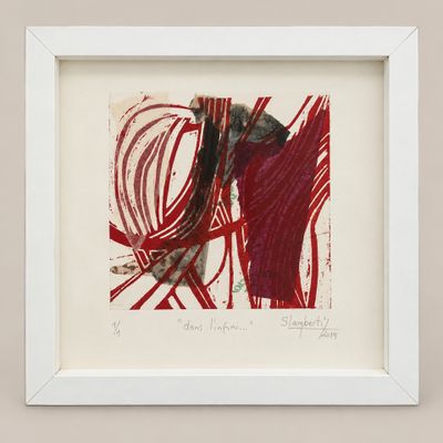 an image of a picture of a red and black painting in a white frame