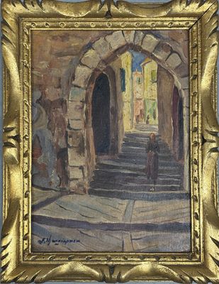 Ecole du XXe siècle Femme dans une ruelle Huile sur bois, po…