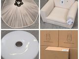 several different pictures of a white chair with a teddy bear sticker on the back of it