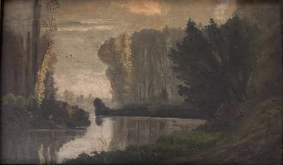 tableau représentant une rivière dans un cadre boisé, avec des arbres au premier plan