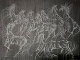 drawing of a group of horses running in a line on a blackboard