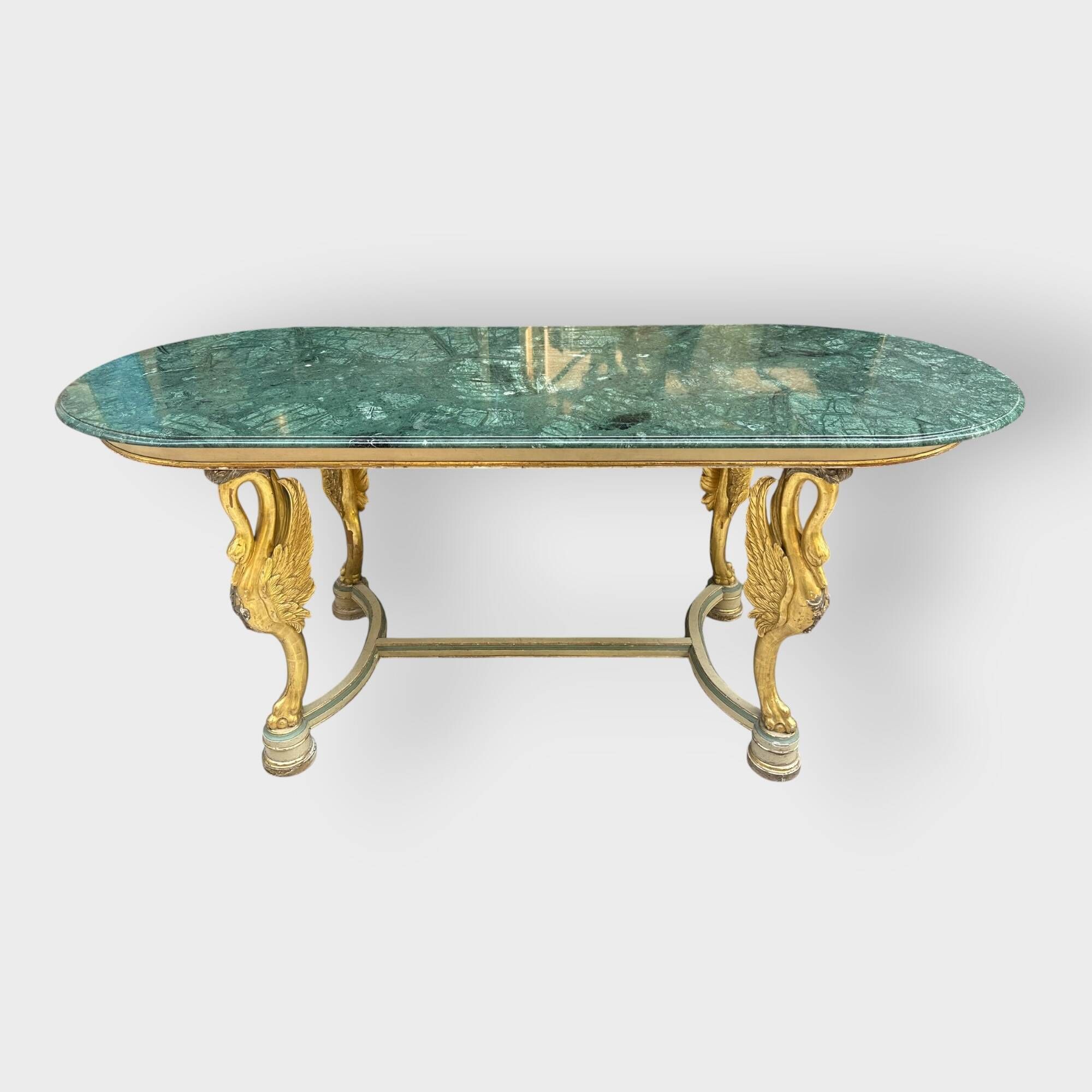 Table console à plateau ovale en bois sculpté et doré à décor de cygnes à chaque pied, dessus marbre vert 89,5 x 208 ...