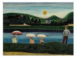 a painting of people with umbrellas by the water