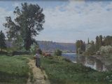 un tableau représentant une femme marchant sur un sentier au bord d'une rivière