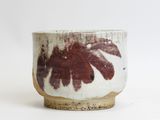 a close up of a white bowl with a red flower on it