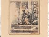 an old drawing of a woman sitting on a ledge next to a statue
