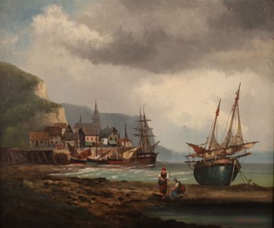 a painting of two ships in the water near a shore