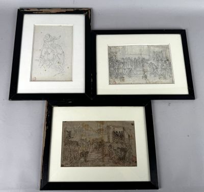 three framed drawings of people and a dog in a room