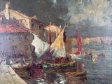 a painting of boats in a harbor with buildings in the background