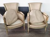 pair of antique french cane back chairs with upholstered cushions