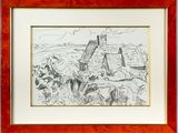 dessin représentant un paysage avec un moulin à vent au loin et un homme à cheval au premier plan