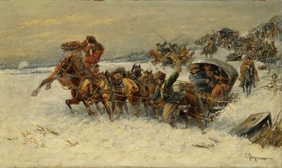 tableau représentant un groupe d'hommes voyageant dans une calèche dans la neige
