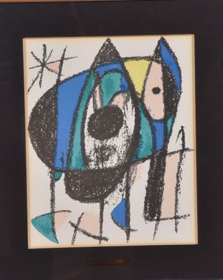 painting of a man and a woman with a dog in a blue hat