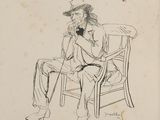 dessin représentant un homme assis sur une chaise, coiffé d'un chapeau et tenant un téléphone portable