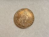 a gold coin with a woman ' s head on it