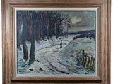a painting of a snowy path with trees and a fence