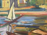 painting of a sailboat on a river with houses in the background