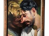 une peinture à l'huile représentant un homme et une femme qui s'embrassent face à face