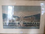 tableau encadré représentant un palais avec une fontaine au premier plan